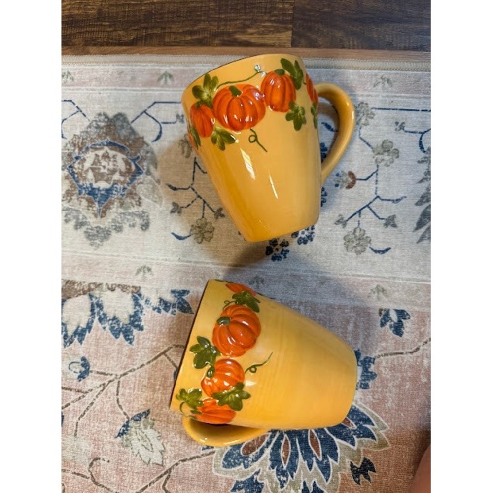 Fall Autumn Harvest Pumpkin Mugs Set of 2 Yellow Orange Ceramic Embossed Mugs